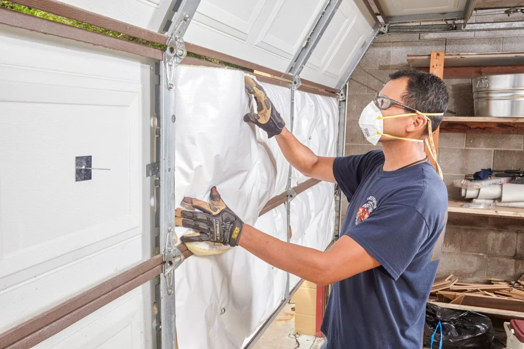 Man insulating garage door
